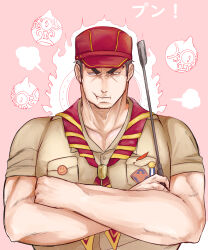 Rule 34 | 1boy, aizen (housamo), averting eyes, bara, baseball cap, black hair, camping, cheek bulge, crossed arms, frown, hat, highres, itaru (kidomh63), large pectorals, long sideburns, looking to the side, male focus, mature male, muscular, muscular male, official alternate costume, pectoral cleavage, pectorals, pink background, pout, short hair, sideburns, solo, thick eyebrows, tokyo houkago summoners, tsundere, upper body, wrinkled skin