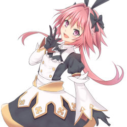 Rule 34 | 1boy, astolfo (fate), astolfo (saber) (fate), astolfo (saber) (third ascension) (fate), black bow, black gloves, black ribbon, bow, bowtie, commentary request, dress, fate (series), gloves, hair bow, hair intakes, hair ribbon, lic (licloud28), long hair, long sleeves, looking at viewer, male focus, multicolored hair, pink hair, purple eyes, ribbon, simple background, solo, streaked hair, trap, twintails, white background