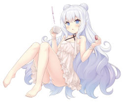 Rule 34 | + +, 1girl, :&lt;, azur lane, bare legs, bare shoulders, barefoot, blue eyes, blush, breasts, choker, cleavage, collarbone, commentary request, criss-cross halter, cup, double bun, dress, eating, food, food on face, full body, gradient hair, hair bun, halterneck, holding, holding cup, holding food, le malin (azur lane), le malin (sleepy sunday) (azur lane), long hair, looking at viewer, macaron, multicolored hair, open mouth, panties, pantyshot, ribbon, sidelocks, silver hair, simple background, sitting, sleeveless, small breasts, solo, sundress, sweets, symbol-shaped pupils, teacup, translated, underwear, very long hair, wavy hair, white background, white dress, white panties, white ribbon, wrist ribbon, yamasan