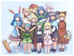 Rule 34 | 6+girls, aki minoriko, animal ears, antennae, aqua hair, barefoot, bell, black cape, black dress, black footwear, black shirt, black shorts, blonde hair, blue capelet, blue dress, blue hair, border, brown dress, brown eyes, brown footwear, brown ribbon, butterfly wings, cape, capelet, cat ears, closed eyes, closed mouth, collared shirt, crop top, dress, earclip, ebisu eika, eternity larva, fairy, fins, food, fruit, fruit hat ornament, full body, goutokuji mike, grape hat ornament, grapes, green dress, green eyes, green hair, green kimono, grey hair, hair ribbon, hat, hat ornament, head fins, holding, insect wings, japanese clothes, jingle bell, kimono, kine, kurodani yamame, leaf, leaf on head, letty whiterock, light purple hair, long hair, long sleeves, mallet, mob cap, mouse ears, mouse tail, multicolored clothes, multicolored dress, multicolored hair, multiple girls, nazrin, open mouth, outstretched arms, puffy short sleeves, puffy sleeves, rabbit ears, rangycrow, red eyes, red headwear, red ribbon, ribbon, rumia, seiran (touhou), shirt, shoes, short hair, short sleeves, shorts, single strap, smile, socks, spread arms, streaked hair, tail, touhou, wakasagihime, white border, white headwear, white legwear, white shirt, wings, wriggle nightbug, yellow shirt