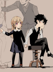 Rule 34 | 2boys, 2girls, angry, black dress, black footwear, black hair, black legwear, black neckwear, black pants, black vest, brown background, brown hair, child, closed mouth, commentary request, doromame, dress, elbow rest, frown, grey shirt, hand on own cheek, hand on own face, holding hands, long hair, long sleeves, looking at another, mary janes, multiple boys, multiple girls, nakiri asahi, nakiri azami, nakiri erina, pants, pantyhose, red eyes, shirt, shoes, shokugeki no souma, sitting, smile, vest, white shirt