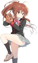 1girl :&lt; absurdres ahoge baseball_glove black_jacket black_socks blush bow brown_footwear brown_hair closed_mouth commentary floating_hair grey_skirt hair_between_eyes hands_up highres jacket knee_up kneehighs little_busters! little_busters!_school_uniform long_hair long_sleeves miniskirt natsume_rin panties pink_bow plaid_clothes plaid_skirt pleated_skirt ponytail red_eyes school_uniform serious shoes sidelocks simple_background skirt sneakers socks solo standing standing_on_one_leg takepoison thighs underwear v-shaped_eyebrows very_long_hair white_background white_panties