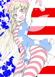 Rule 34 | 1girl, american flag dress, american flag legwear, american flag shirt, armpits, arms up, blonde hair, blush, chikado, clownpiece, fairy wings, flat color, hat, jester cap, jpeg artifacts, long hair, looking at viewer, open mouth, pantyhose, print pantyhose, red eyes, sleeveless, smile, solo, star (symbol), striped, sweat, touhou, tsurime, wings