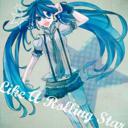 Rule 34 | 1girl, 72 (nananatsu), bad id, bad pixiv id, blue eyes, blue hair, female focus, frills, hatsune miku, like a rolling star (vocaloid), long hair, matching hair/eyes, necktie, shorts, smile, solo, suspenders, thighhighs, twintails, vocaloid