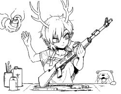 Rule 34 | 1girl, antlers, blonde hair, collarbone, dragon girl, dragon horns, dragon tail, earclip, formicid, greyscale, gun, horns, jaggy lines, kicchou yachie, monochrome, otter, otter spirit (touhou), pointy ears, red eyes, rifle, shirt, short hair, short sleeves, simple background, skirt, tail, touhou, turtle shell, weapon, white background, wily beast and weakest creature