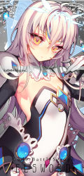 Rule 34 | 1girl, ahoge, armor, armpits, breasts, character name, cleavage, code: battle seraph (elsword), copyright name, cowboy shot, detached collar, elbow gloves, elsword, eve (elsword), expressionless, facial mark, forehead protector, gem, gloves, hair between eyes, ruffling hair, halftone, halftone background, head tilt, lace, leotard, long hair, looking at viewer, pauldrons, pika (kai9464), pink hair, shoulder armor, small breasts, solo, strapless, strapless leotard, very long hair, watermark, web address, white gloves, white hair, yellow eyes