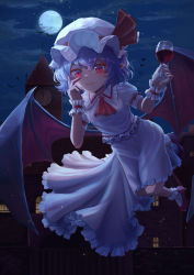 Rule 34 | 1girl, absurdres, alcohol, ascot, bat (animal), bat wings, blue hair, bobby socks, breasts, closed mouth, commentary request, cup, dress, drinking glass, flying, frilled shirt collar, frills, full moon, hair between eyes, hand on own face, hands up, hat, highres, holding, holding cup, light smile, looking at viewer, mob cap, moon, night, night sky, outdoors, red ascot, red eyes, red footwear, remilia scarlet, scarlet devil mansion, short hair, sky, small breasts, socks, solo, touhou, tyasuzu, white dress, wine, wine glass, wings, wrist cuffs