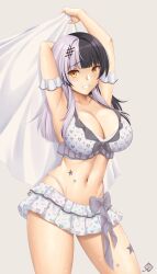 Rule 34 | 1girl, absurdres, arcie albano, armpits, artist logo, bikini, bikini skirt, black hair, blush, bow, breasts, cleavage, commentary request, cowboy shot, grey background, grey bow, grin, hair between eyes, highres, holding, hololive, hololive english, hololive summer 2022 swimsuit, large breasts, long hair, midriff peek, multicolored bikini, multicolored clothes, multicolored hair, navel, official alternate costume, pleated skirt, print bikini, shiori novella, simple background, skirt, smile, solo, split-color hair, streaked hair, swimsuit, very long hair, virtual youtuber, white bikini, white hair, white skirt, wristband, yellow eyes