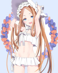 Rule 34 | 1girl, abigail williams (fate), abigail williams (swimsuit foreigner) (fate), abigail williams (swimsuit foreigner) (third ascension) (fate), absurdres, armpits, arms behind head, arms up, artist request, bare shoulders, bikini, black bow, blonde hair, blue eyes, blush, bonnet, bow, breasts, commentary request, fate/grand order, fate (series), forehead, hair bow, highres, long hair, looking at viewer, miniskirt, multiple bows, navel, open mouth, orange bow, parted bangs, sidelocks, skirt, small breasts, smile, swimsuit, thighs, twintails, very long hair, white bikini, white bow, white headwear