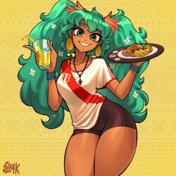 1girl alternate_costume alternate_hairstyle alternate_skin_color aqua_eyes aqua_hair artist_name black_shorts chicken_(food) cup dark-skinned_female dark_skin drinking_glass earrings food grin hatsune_miku highres holding holding_cup inca_cola jersey jewelry latin_american_hatsune_miku_(meme) long_hair peru peruvian_flag plate rosary shorts sleak smile soccer_uniform soda solo sportswear teeth tray vocaloid worldwide_miku