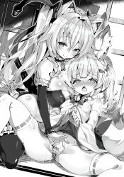 Rule 34 | 2girls, animal ear fluff, animal ears, ass, bare shoulders, bell, blush, bow, breasts, cat ears, cat girl, cat tail, chestnut mouth, closed mouth, clothes lift, commentary request, covered erect nipples, crossover, detached sleeves, dutch angle, fang, fox ears, fox girl, fox tail, frilled legwear, frills, fujishima-sei ichi-gou, greyscale, groin, hair between eyes, hair ornament, highres, jingle bell, kemomimi oukoku kokuei housou, lifting own clothes, long hair, long sleeves, looking at viewer, lying, maebari, medium breasts, mikoko (kemomimi oukoku kokuei housou), monochrome, multiple girls, nora cat, nora cat channel, ofuda, ofuda on pussy, on back, open mouth, partially visible vulva, pleated skirt, ribbon-trimmed legwear, ribbon trim, skirt, skirt lift, smile, spread legs, sweat, tail, tail raised, thighhighs, twintails, very long hair, virtual youtuber, wide sleeves