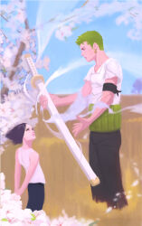 Rule 34 | 1boy, 1girl, absurdres, age difference, arczephyer, bandana, bandana around arm, black hair, child, closed mouth, commentary, earrings, english commentary, green hair, haramaki, highres, holding, holding sword, holding weapon, jewelry, katana, kuina, one piece, outdoors, roronoa zoro, shirt, short hair, short sleeves, single earring, sleeveless, smile, sword, time paradox, weapon, white shirt