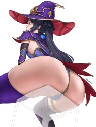 Rule 34 | 1girl, absurdres, ass, black hair, detached sleeves, dismaiden, from below, genshin impact, hat, highres, invisible chair, leotard, long hair, mona (genshin impact), purple hat, purple leotard, purple sleeves, purple thighhighs, sitting, solo, star (symbol), thighhighs, witch hat