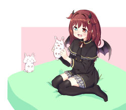 Rule 34 | 1girl, animal, black capelet, black dress, black thighhighs, black wings, blue eyes, brown background, brown hair, capelet, commentary request, crescent, crescent hair ornament, demon girl, demon horns, demon wings, dress, frilled capelet, frilled dress, frills, hair ornament, heterochromia, highres, holding, holding animal, horns, long hair, long sleeves, neck ribbon, nijisanji, no shoes, rabbit, red eyes, red ribbon, ribbon, shiro hakuchou, sitting, solo, tears, thighhighs, two-tone background, two side up, very long hair, virtual youtuber, wariza, white background, wings, yuzuki roa