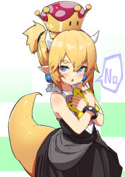 Rule 34 | 1girl, black dress, blonde hair, blue eyes, bowsette jr., checkered background, child, commentary request, dress, earrings, green background, hair between eyes, highres, horns, jewelry, lizard tail, looking at viewer, mario (series), new super mario bros. u deluxe, nintendo, noa (nagareboshi), pointy ears, ponytail, short hair, sleeveless, sleeveless dress, solo, super crown, tail, two-tone background, white background, white horns