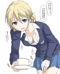 Rule 34 | 1girl, blonde hair, blue eyes, blue skirt, blue sweater, braid, breasts, cleavage, collarbone, commentary, cup, darjeeling (girls und panzer), downblouse, elf (stroll in the woods), emblem, french braid, girls und panzer, hair between eyes, hanging breasts, highres, leaning forward, looking at viewer, medium breasts, no legwear, pleated skirt, saucer, school uniform, skirt, smile, solo, st. gloriana&#039;s (emblem), st. gloriana&#039;s school uniform, sweater, teacup, translated, unbuttoned, unbuttoned shirt, white background