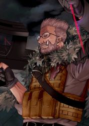 Rule 34 | beard, belt, boots, clenched teeth, closed mouth, coat, facial hair, fate/grand order, fate (series), glasses, gloves, holding, holding weapon, jacket, jacket on shoulders, male focus, military, military uniform, scarf, smoking, solo, takahashi keitarou, teeth, uniform, weapon, william tell (fate)