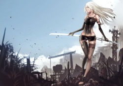 Rule 34 | 1girl, advarcher, android, bad id, bad pixiv id, black gloves, black shorts, blue sky, breasts, commentary request, completion time, day, elbow gloves, full body, gloves, highres, holding, holding sword, holding weapon, joints, katana, long hair, medium breasts, nier:automata, nier (series), post-apocalypse, reverse grip, robot joints, short shorts, shorts, sky, solo, sword, sword behind back, thigh gap, toes, virtuous contract, walking, weapon, a2 (nier:automata)