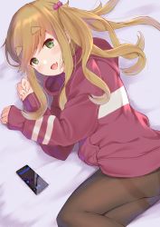 Rule 34 | 1girl, absurdres, bed, black pantyhose, blonde hair, commentary request, fake phone screenshot, fake screenshot, fang, file112056, hair bobbles, hair ornament, highres, hood, hoodie, inuyama aoi, light blush, long hair, long sleeves, looking at viewer, lying, multicolored clothes, on side, open mouth, pantyhose, phone, red hoodie, side ponytail, simple background, skin fang, smile, solo, striped clothes, striped hoodie, thick eyebrows, white background, yurucamp