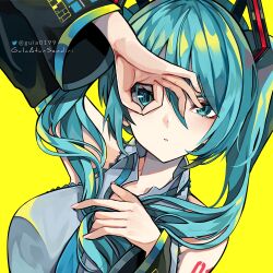 Rule 34 | 1girl, absurdres, aqua eyes, aqua hair, aqua necktie, arm up, artist name, black sleeves, breasts, collared shirt, commentary, detached sleeves, dutch angle, grey shirt, gula atur sendiri, hair between eyes, hand on own chest, hatsune miku, highres, long hair, looking at viewer, medium breasts, necktie, ok sign, ok sign over eye, parted lips, shirt, simple background, sleeveless, sleeveless shirt, solo, twintails, twitter logo, twitter username, upper body, vocaloid, yellow background