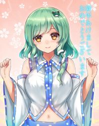 Rule 34 | 1girl, alternate hair length, alternate hairstyle, bad id, bad twitter id, blush, detached sleeves, frog hair ornament, gradient background, green hair, hair ornament, happy new year, japanese clothes, kochiya sanae, long sleeves, looking at viewer, midriff, miko, navel, new year, orange eyes, pink background, polka dot, short hair, skirt, smile, snake hair ornament, solo, text focus, touhou, translation request, tsukiriran, upper body, wide sleeves