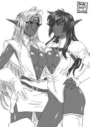 Rule 34 | 2girls, arshes nei, bastard!!, blade of fury, breast press, breasts, center opening, cleavage cutout, clothing cutout, dark-skinned female, dark elf, dark skin, elf, gloves, greyscale, head chain, highleg, jewelry, large breasts, long hair, miniskirt, monochrome, multiple girls, pirotess, pointy ears, record of lodoss war, skirt, thighhighs, zettai ryouiki