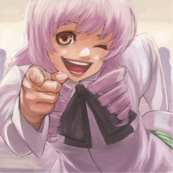 Rule 34 | 10s, 1girl, bukimi isan, drill hair, face, katawa shoujo, leaning forward, looking at viewer, mikado shiina, one eye closed, open mouth, pink hair, pointing, pointing at viewer, puffy sleeves, quad tails, school uniform, shirt, skirt, smile, solo, wink, yellow eyes