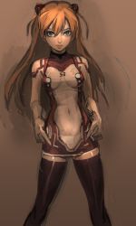 Rule 34 | 00s, 1girl, arms up, black thighhighs, blue eyes, bodysuit, brown background, cameltoe, dress, evangelion: 2.0 you can (not) advance, gluteal fold, hair ornament, hands on own hips, interface headset, kuzuvine, lips, long hair, looking at viewer, multicolored clothes, navel, neon genesis evangelion, orange hair, panties, plugsuit, rebuild of evangelion, souryuu asuka langley, stretching, test plugsuit, thighhighs, underwear, very long hair, white panties, zettai ryouiki