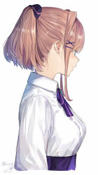 Rule 34 | 1girl, artist name, black ribbon, breasts, brown hair, closed mouth, collar, collared shirt, copyright request, from side, green eyes, hair ornament, hair ribbon, highres, isshiki (ffmania7), jewelry, long sleeves, looking away, medium breasts, neck ring, neckwear request, nijisanji, ponytail, purple ribbon, ribbon, shirt, sidelocks, signature, simple background, smile, solo, suzuhara lulu, twitter username, upper body, virtual youtuber, white background, white shirt, x hair ornament