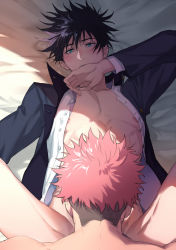Rule 34 | 2boys, abs, bed, bed sheet, black hair, black jacket, blush, bottomless, covering own mouth, eilinna, fushiguro megumi, green eyes, hair between eyes, highres, implied fellatio, indoors, itadori yuuji, jacket, jujutsu kaisen, long sleeves, looking at another, male focus, mixed-language commentary, multiple boys, nipples, on bed, open clothes, pectorals, pink hair, shirt, short hair, spiked hair, spread legs, thighs, toned, toned male, undercut, white shirt, yaoi