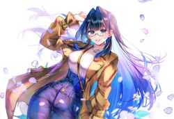 Rule 34 | 1girl, black hair, blue eyes, blue hair, breasts, brown coat, coat, colored inner hair, commentary, denim, glasses, head out of frame, high-waist pants, hololive, hololive english, jeans, large breasts, long sleeves, looking at viewer, multicolored hair, narrow waist, official alternate costume, official alternate hair length, official alternate hairstyle, ouro kronii, pants, parted lips, shirt, sidelocks, skin tight, skirt, smile, solo, sowon, symbol-only commentary, trench coat, turtle, virtual youtuber, white shirt, white skirt, wide hips