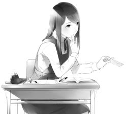 Rule 34 | 1girl, book, chair, collared shirt, desk, dress, eraser, greyscale, hand up, highres, holding, letter, long hair, long sleeves, monochrome, neck ribbon, notebook, original, pen, pencil, pinafore dress, ribbon, school desk, school uniform, shirt, simple background, sitting, sleeveless dress, solo, sousou (sousouworks), whispering, white background, wing collar