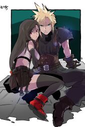 Rule 34 | 1boy, 1girl, armor, bare shoulders, belt, bike shorts under skirt, black gloves, black hair, black skirt, black sports bra, black thighhighs, blonde hair, blue eyes, boots, breasts, closed mouth, cloud strife, commentary request, crop top, elbow gloves, final fantasy, final fantasy vii, final fantasy vii remake, full body, gloves, hand on another&#039;s hip, hands on ground, highres, large breasts, long hair, looking at viewer, looking to the side, low-tied long hair, midriff, motsutei, multiple belts, red eyes, red footwear, ribbed sweater, shoulder armor, signature, sitting, skirt, sleeveless, sleeveless turtleneck, spiked hair, sports bra, suspender skirt, suspenders, sweatdrop, sweater, swept bangs, tank top, thighhighs, thighs, tifa lockhart, turtleneck, turtleneck sweater, white tank top, yokozuwari