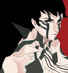 Rule 34 | 1boy, bad id, bad twitter id, black hair, brown hair, demi-fiend, full-body tattoo, highres, looking at viewer, male focus, pertex 777, shin megami tensei, shin megami tensei iii: nocturne, short hair, simple background, solo, tattoo, topless male, yellow eyes