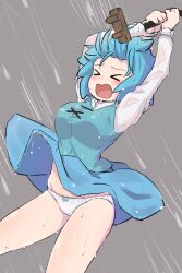 Rule 34 | &gt; &lt;, 1girl, blue hair, blue vest, breasts, closed eyes, cross-laced clothes, forneus 0, grey background, highres, holding, holding umbrella, long sleeves, medium breasts, open mouth, outdoors, panties, pantyshot, rain, see-through, see-through sleeves, shirt, short hair, simple background, solo, tatara kogasa, touhou, umbrella, underwear, vest, white panties, white shirt