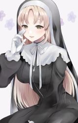 Rule 34 | 1girl, black dress, black headwear, blonde hair, blush, breasts, brown eyes, commentary request, dress, gloves, habit, highres, long hair, long sleeves, medium breasts, nijisanji, nun, parted lips, simple background, sister claire, sister claire (1st costume), solo, toriniku senshi chikinman, traditional nun, virtual youtuber, white gloves
