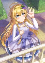 1girl absurdres ahoge blonde_hair blue_dress blue_eyes braid breasts brick_floor cleavage cleavage_cutout closed_mouth clothing_cutout dress evening food-themed_hair_ornament grape_hair_ornament hair_ornament hands_up highres iris_(konosuba) isome kono_subarashii_sekai_ni_shukufuku_wo! long_dress long_hair long_sleeves looking_up outdoors side_braid small_breasts smile solo waving