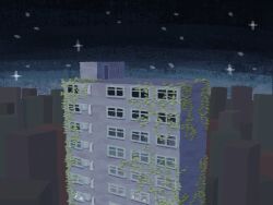 Rule 34 | a.i. voice, air conditioner, apartment, building, cityscape, commentary, highres, night, no humans, outdoors, overgrown, plant, scenery, sky, star (sky), starry sky, utau, vines, wide shot, window, yasashii gomibako