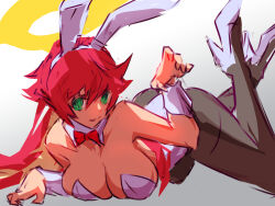Rule 34 | 1girl, animal ears, ass, black pantyhose, breasts, claw pose, cleavage, collarbone, detached collar, green eyes, guilty gear, guilty gear strive, hair between eyes, halo, high heels, jack-o&#039; valentine, large breasts, legs, leotard, long hair, looking at viewer, lying, on stomach, pantyhose, parted lips, playboy bunny, rabbit ears, red hair, solo, strapless, strapless leotard, thighs, unfinished, ura dora, very long hair, white leotard, wrist cuffs