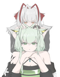 Rule 34 | 2girls, ahoge, animal ear fluff, animal ears, antennae, arknights, bare shoulders, black jacket, breasts, cat ears, cat girl, cleavage, closed mouth, collarbone, demon horns, dress, fingerless gloves, gloves, green dress, green eyes, green hair, head rest, highres, horns, jacket, kal&#039;tsit (arknights), looking at viewer, mebe (teadia violet), multiple girls, no pupils, off-shoulder dress, off shoulder, playing with another&#039;s hair, revision, short hair, short hair with long locks, sidelocks, simple background, single glove, small breasts, unamused, upper body, w (arknights), white background, white hair, yellow eyes