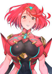 Rule 34 | 1girl, absurdres, breasts, chest jewel, earrings, gem, headpiece, highres, jewelry, large breasts, pyra (xenoblade), red eyes, red hair, short hair, simple background, solo, swept bangs, tiara, ug333333, white background, xenoblade chronicles (series), xenoblade chronicles 2
