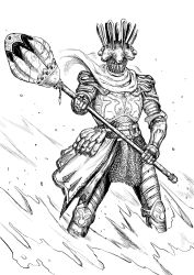 Rule 34 | 1other, ambiguous gender, armor, breastplate, cape, chainmail, commentary, english commentary, facing viewer, full armor, gauntlets, greaves, greyscale, helmet, highres, holding, holding polearm, holding weapon, making-of available, monochrome, original, polearm, solo, standing, two-handed, weapon, y naf