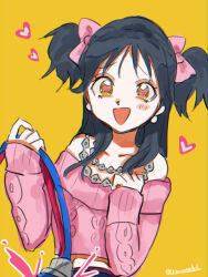 Rule 34 | 1girl, black hair, bow, clothes, earrings, hair bow, heart, jewelry, kurannchelly, minako (vivinos), necklace, pink bitch club, simple background, solo, wire, yellow background, yellow eyes