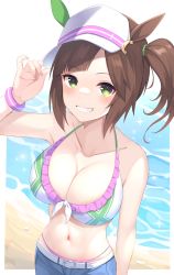 Rule 34 | 1girl, absurdres, alternate costume, animal ears, beach, blush, breasts, brown hair, cleavage, collarbone, commentary request, commission, freckles, green eyes, highres, horse ears, horse girl, horse tail, ines fujin (umamusume), large breasts, navel, ocean, skeb commission, solo, tail, umamusume, visor cap, zeatto