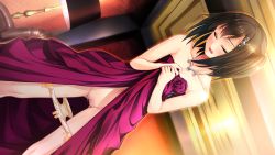 Rule 34 | 1girl, black hair, blush, censored, closed eyes, clothes lift, collarbone, dress, dress lift, dutch angle, flower, game cg, hair between eyes, hair ornament, highres, indoors, jewelry, lifted by self, long dress, long hair, mosaic censoring, necklace, official art, open mouth, otowa saki (toriko no shizuku), panties, panty pull, pussy, pussy juice, red dress, red flower, red rose, rose, side ponytail, sleeveless, sleeveless dress, solo, standing, strapless, strapless dress, sweatdrop, toriko no shizuku ~natsu no gouka kyakusen de kegasareru otome-tachi~, underwear, yellow panties
