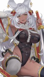 Rule 34 | 1girl, :d, animal ears, armpits, black leotard, black nails, bow, breasts, commentary request, covered navel, dark-skinned female, dark skin, detached sleeves, frilled thighhighs, frills, granblue fantasy, grey hair, hair bow, hand in own hair, highleg, highleg leotard, highres, holding, holding sword, holding weapon, katana, large breasts, leotard, long hair, looking at viewer, makura (granblue fantasy), moemochilatte, nail polish, open mouth, rabbit ears, rabbit girl, red bow, sitting, smile, solo, spread legs, sword, thighhighs, thighs, wavy hair, weapon, white background, white sleeves, white thighhighs, yellow eyes