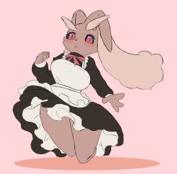 Rule 34 | 1girl, animal nose, apron, black dress, black sclera, blush, body fur, bow, bowtie, breasts, brown fur, clenched hand, clothed pokemon, colored sclera, creatures (company), dress, female focus, flat color, frilled apron, frilled dress, frills, furry, furry female, game freak, gen 4 pokemon, hand up, highres, kiki (kiki1041101), large breasts, legs together, long sleeves, looking at viewer, lopunny, maid, maid apron, nintendo, nose blush, open mouth, pink background, pokemon, pokemon (creature), rabbit ears, rabbit girl, red bow, red bowtie, red eyes, short dress, simple background, solo, thick thighs, thighs, white apron, wide hips, wind, wind lift