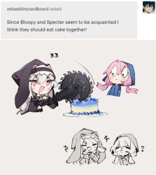 Rule 34 | 2girls, = =, arknights, black dress, black headwear, blue jacket, blue poison (arknights), blush, cake, character name, chibi, circular saw, closed eyes, commentary, cropped torso, dress, english commentary, english text, floating hair, food, fork, grey background, habit, hair between eyes, holding, holding fork, hood, hood up, hooded jacket, jacket, long hair, long sleeves, low twintails, multiple girls, open mouth, pink hair, red eyes, ruri (dailybloopy), saw, simple background, specter (arknights), standing, twintails, upper body, white hair, wide-eyed
