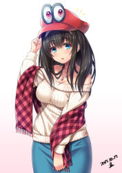 Rule 34 | 1girl, ^^^, arm up, black hair, blue eyes, blush, breasts, cappy (mario), checkered clothes, checkered scarf, cowboy shot, crossover, dated, fringe trim, gradient background, hairband, hand on headwear, hat, highres, idolmaster, idolmaster cinderella girls, jewelry, large breasts, long hair, long sleeves, mario (series), necklace, nintendo, off-shoulder, off-shoulder sweater, off shoulder, pendant, pink background, red eyes, red hat, red scarf, sagisawa fumika, scarf, signature, solo, standing, super mario odyssey, sweater, tareme, yellow sweater, yoohi