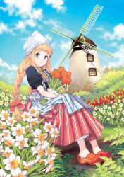 Rule 34 | 1girl, apron, bad id, bad pixiv id, blonde hair, blue eyes, bonnet, bow, braid, clogs, cloud, daffodil, day, double vertical stripe, dress, dutch cap, flower, garden, hair bow, hair ribbon, holland, jewelry, nardack, necklace, netherlands, original, ribbon, sitting, sky, smile, solo, tulip, twin braids, windmill, wooden shoes
